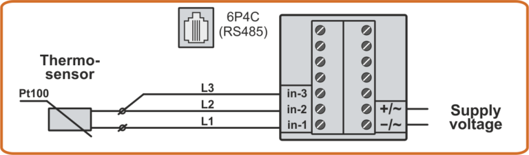 Wiring diagram of 3-wire Pt100 temperature sensor with extended cable to TCA4-1I and TCA4-2I temperature archiver