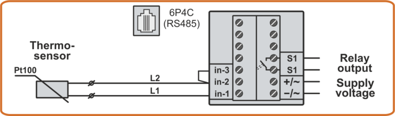 Wiring diagram of 2-wire Pt100 temperature sensor with extended cable to temperature controller-archiver TCA4-1 and TCA4-2