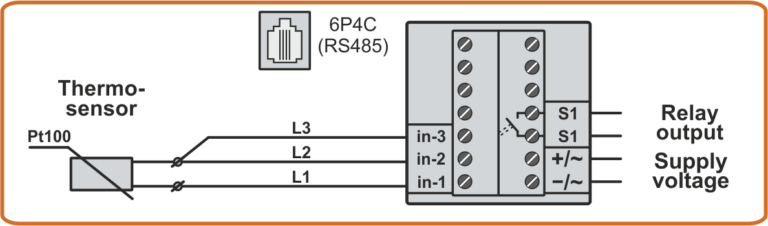 Wiring diagram of 3-wire Pt100 temperature sensor with extended cable to temperature controller-archiver TCA4-1 and TCA4-2