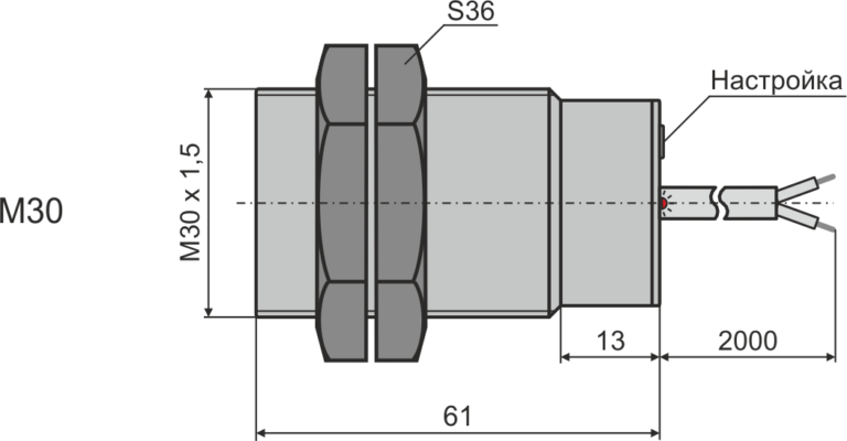 Габаритни размери на индуктивен датчик за контрол на обороти М30