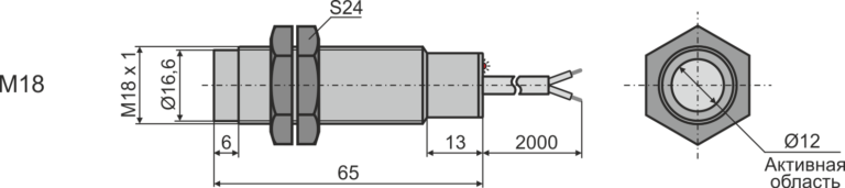 Габаритные размеры барьерного оптического датчика М18