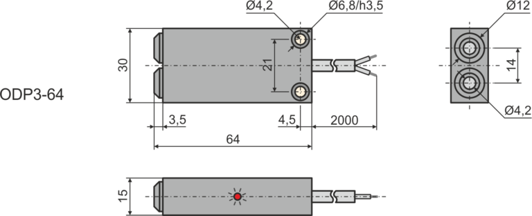Габаритные размеры диффузионного оптического датчика ODP3-64-ac2