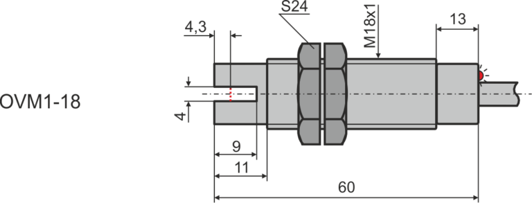 Габаритные размеры щелевого оптического датчика М18, L=60 mm