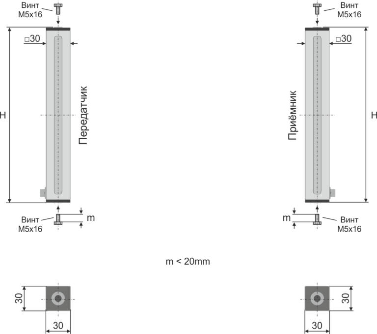 Габаритные размеры оптического защитного барьера SLC3