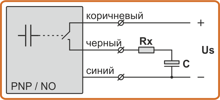 Схема подключения емкостного датчика типа PNP/NO с защитой от короткого замыкания