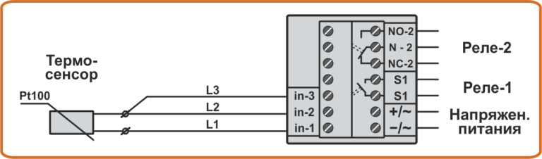 Схема подключения датчика температуры Pt100 с удлиненным 3-проводным кабелем к терморегулятору TC4-1F и TC4-2F