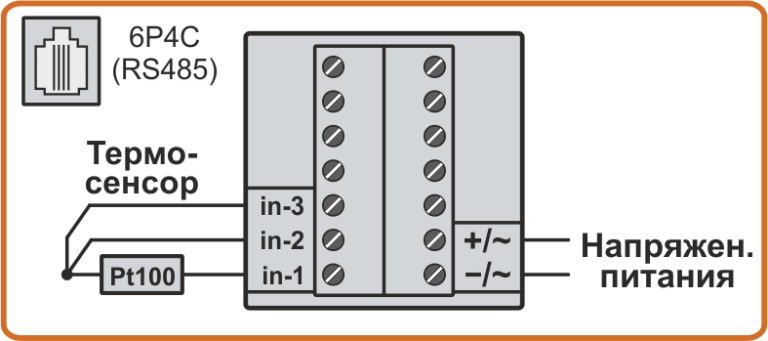 Схема подключения 3-х проводного датчика температуры Pt100 к архиватору температуры TCA4-1I и TCA4-2I