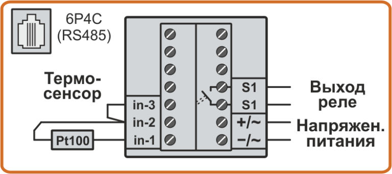 Схема подключения 2-х проводного датчика температуры Pt100 к терморегулятору-архиватору TCA4-1 и TCA4-2