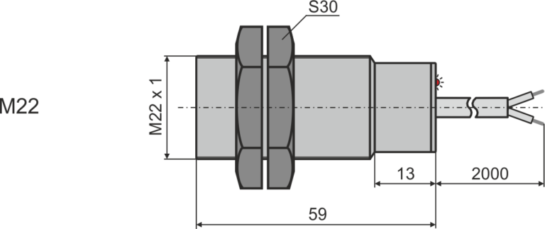 Габаритные размеры индуктивного датчика М22, L = 59