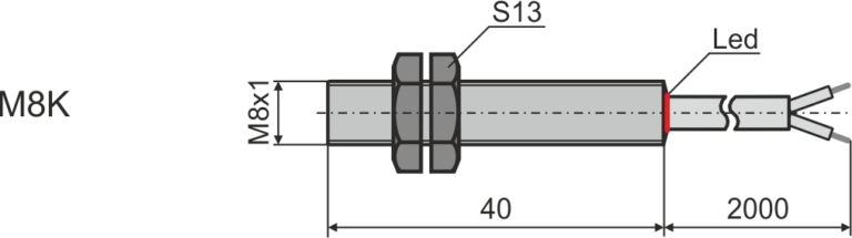 Габаритные размеры индуктивного датчика M8K, L=40