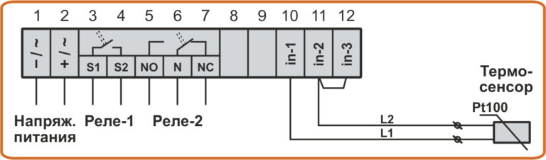 Схема подключения датчика температуры Pt100 с удлиненным 2-проводным кабелем к терморегулятору TC4-1LF и TC4-2LF