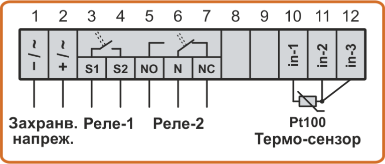 Схема на свързване на 3-проводен термодатчик Pt100 към термоконтролер TC4-1LF и TC4-2LF