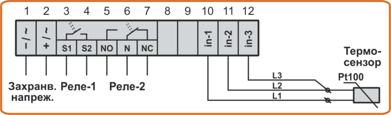 Схема на свързване на термодатчик Pt100 с удължен 3-проводен кабел към термоконтролер TC4-1LF и TC4-2LF
