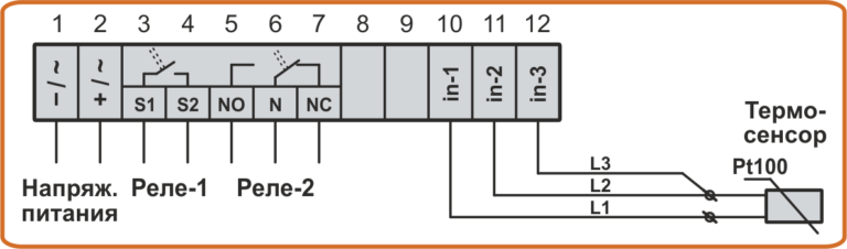 Схема подключения датчика температуры Pt100 с удлиненным 3-проводным кабелем к терморегулятору TC4-1LF и TC4-2LF