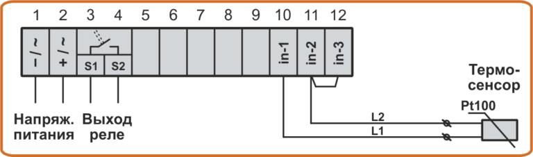 Схема подключения датчика температуры Pt100 с удлиненным 2-проводным кабелем к терморегулятору TC4-1L и TC4-2L
