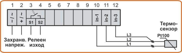 Схема на свързване на термодатчик Pt100 с удължен 3-проводен кабел към термоконтролер TC4-1L и TC4-2L